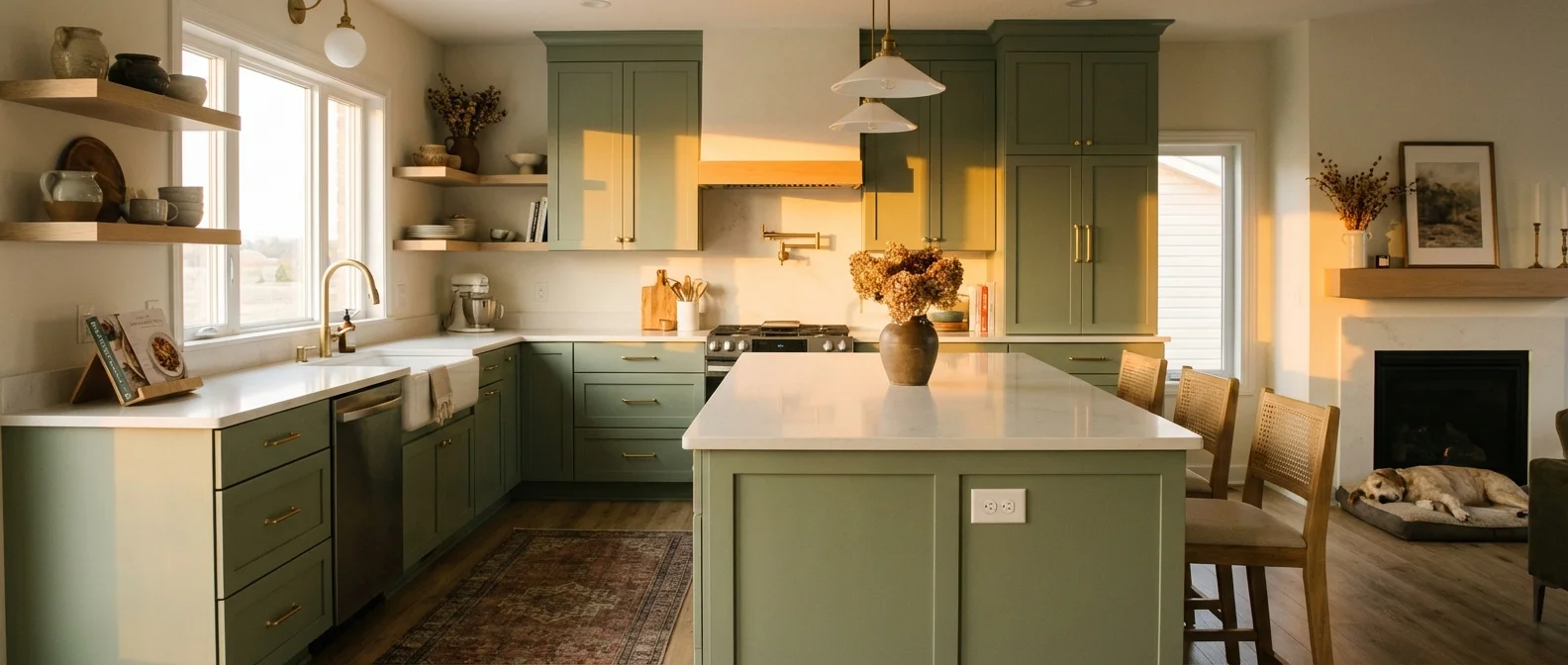 A wide shot of a beautifully finished, cozy kitchen with sage green cabinets and warm lighting.