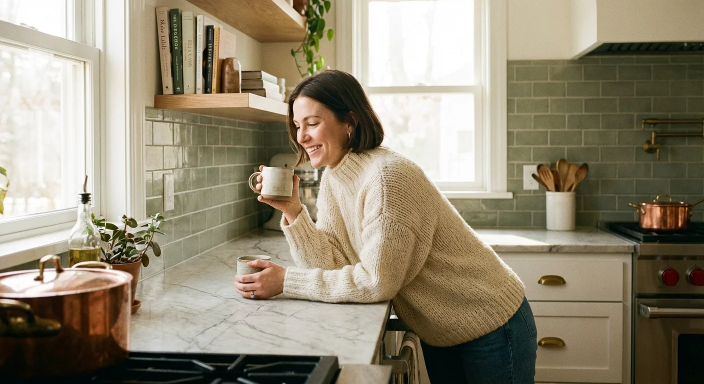 A woman admiring a new green subway tile backsplash in a bright, modern kitchen.