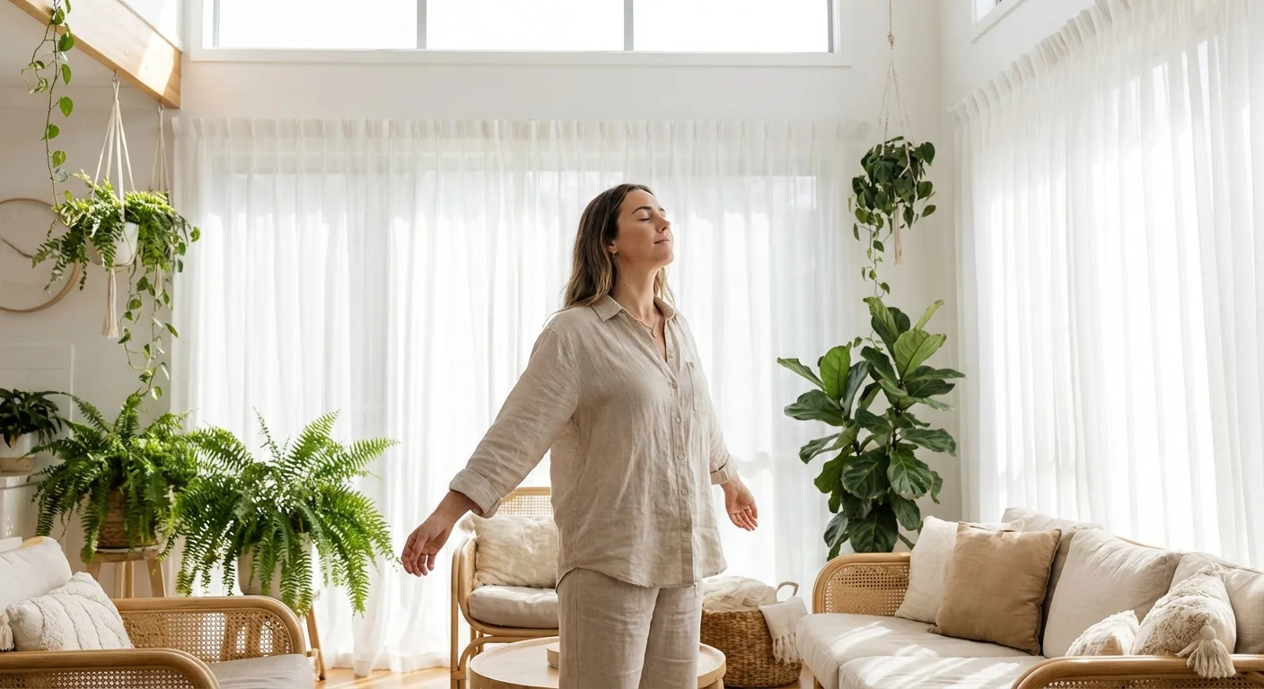 A woman breathing deeply in a bright, plant-filled living room with soft sunlight.