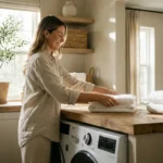 A woman folding clean white towels on a wooden laundry room countertop in a sunlit, organized space.