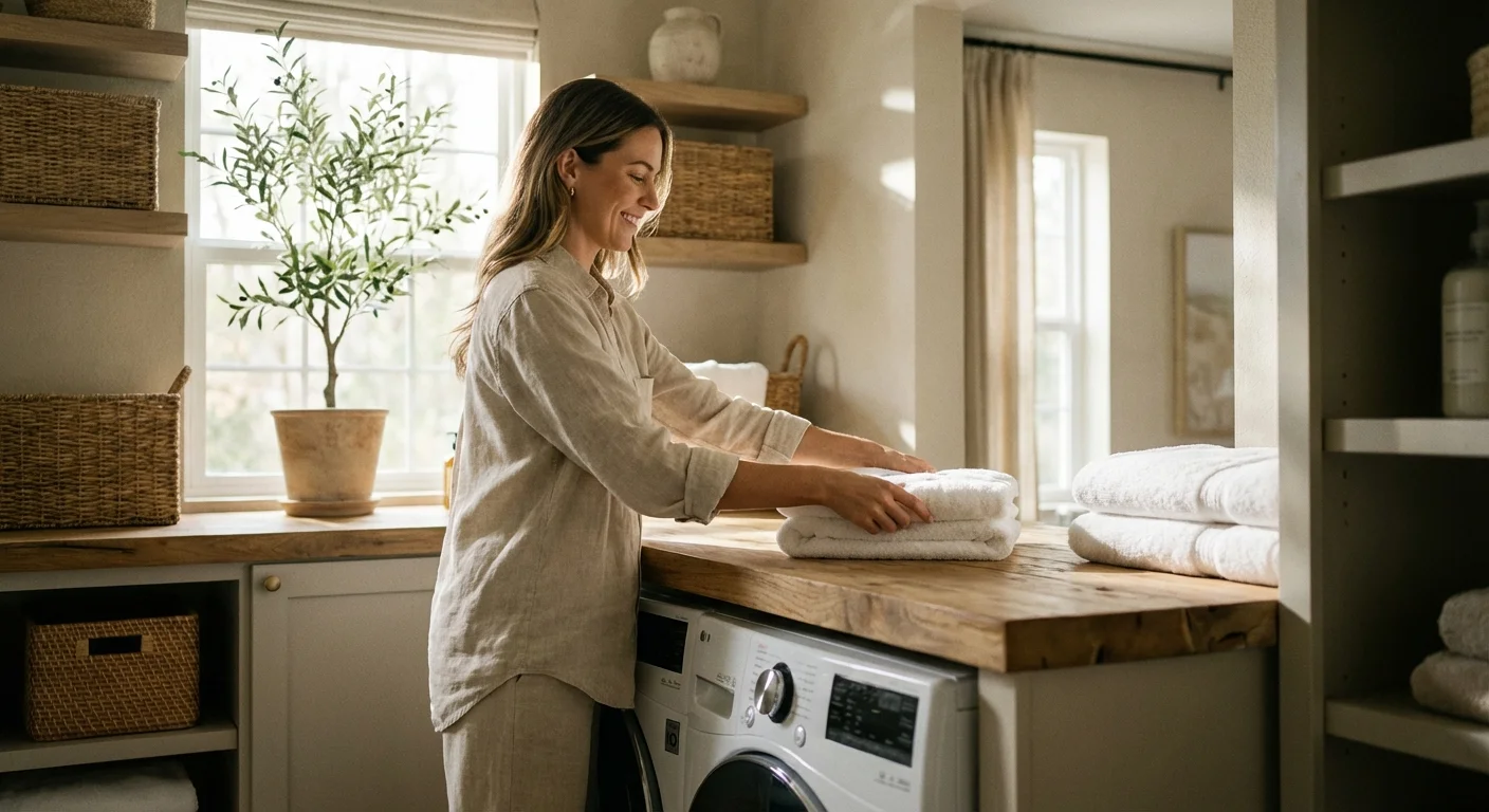 A woman folding clean white towels on a wooden laundry room countertop in a sunlit, organized space.