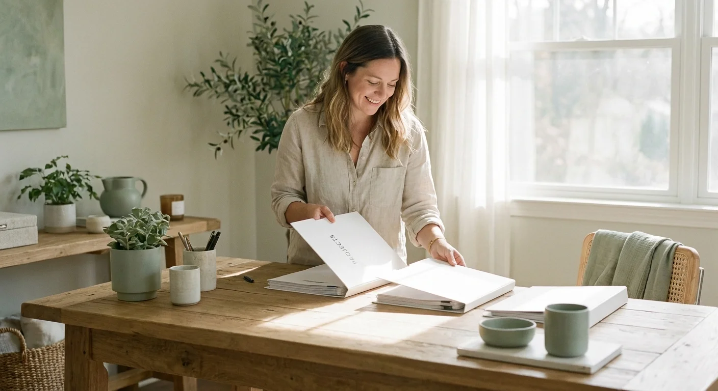 A woman happily organizing white document folders at a sunlit wooden desk in a bright home office.