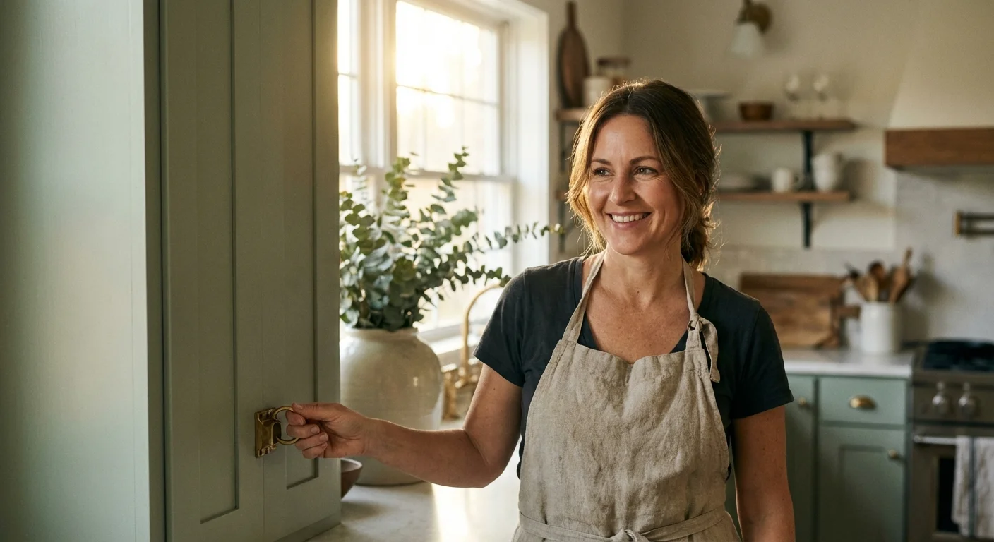 A woman holding a modern brass handle against a newly painted sage green kitchen cabinet in a bright, sunlit room.