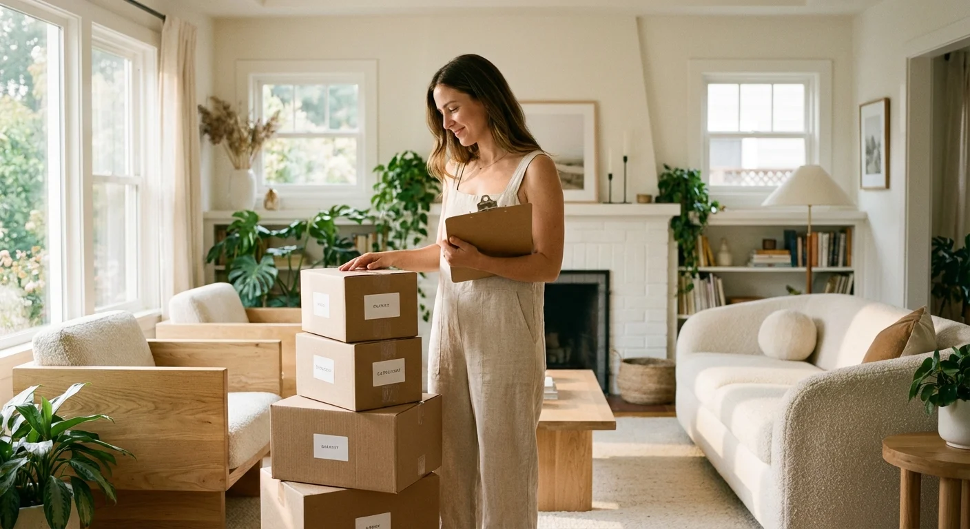 A woman holding a moving checklist in a bright, organized living room with cardboard boxes.