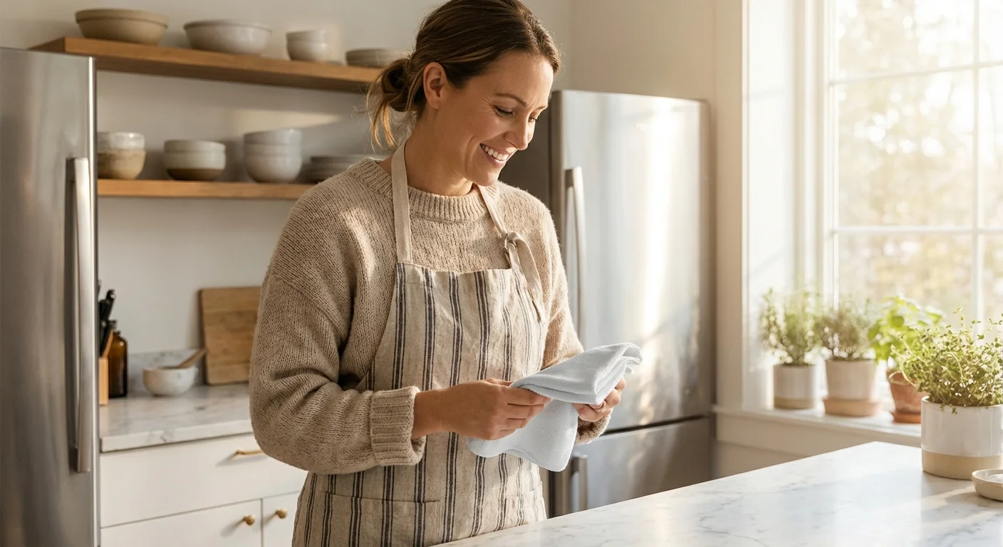 A woman in a linen apron smiling in a bright, modern kitchen with clean appliances.
