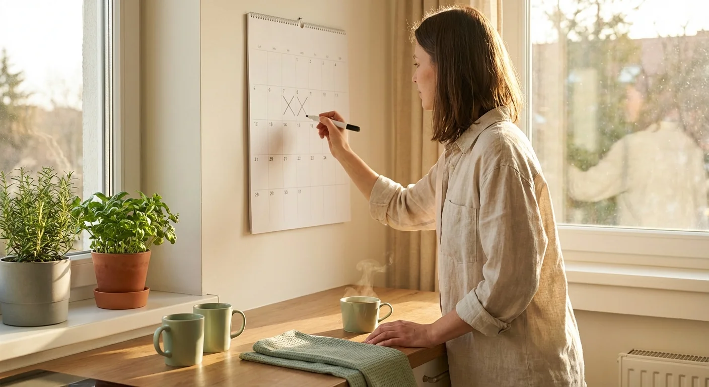 A woman marking dates on a wall calendar in a bright, modern kitchen.