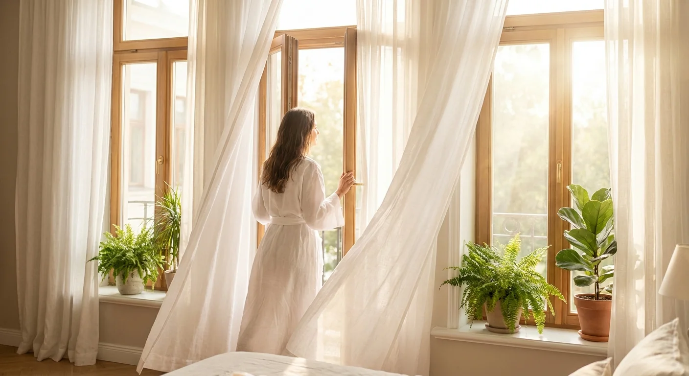 A woman opening a bedroom window to let in fresh air and sunlight.