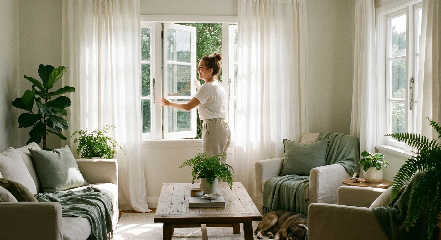A woman opening a window to let fresh air into a bright, plant-filled living room.