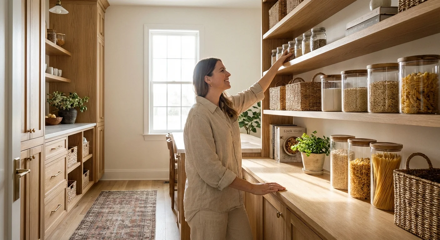 A woman organizing a beautifully curated pantry with glass jars and wooden shelves in soft morning light.