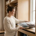 A woman organizing a bright closet with vacuum storage bags for seasonal clothes.