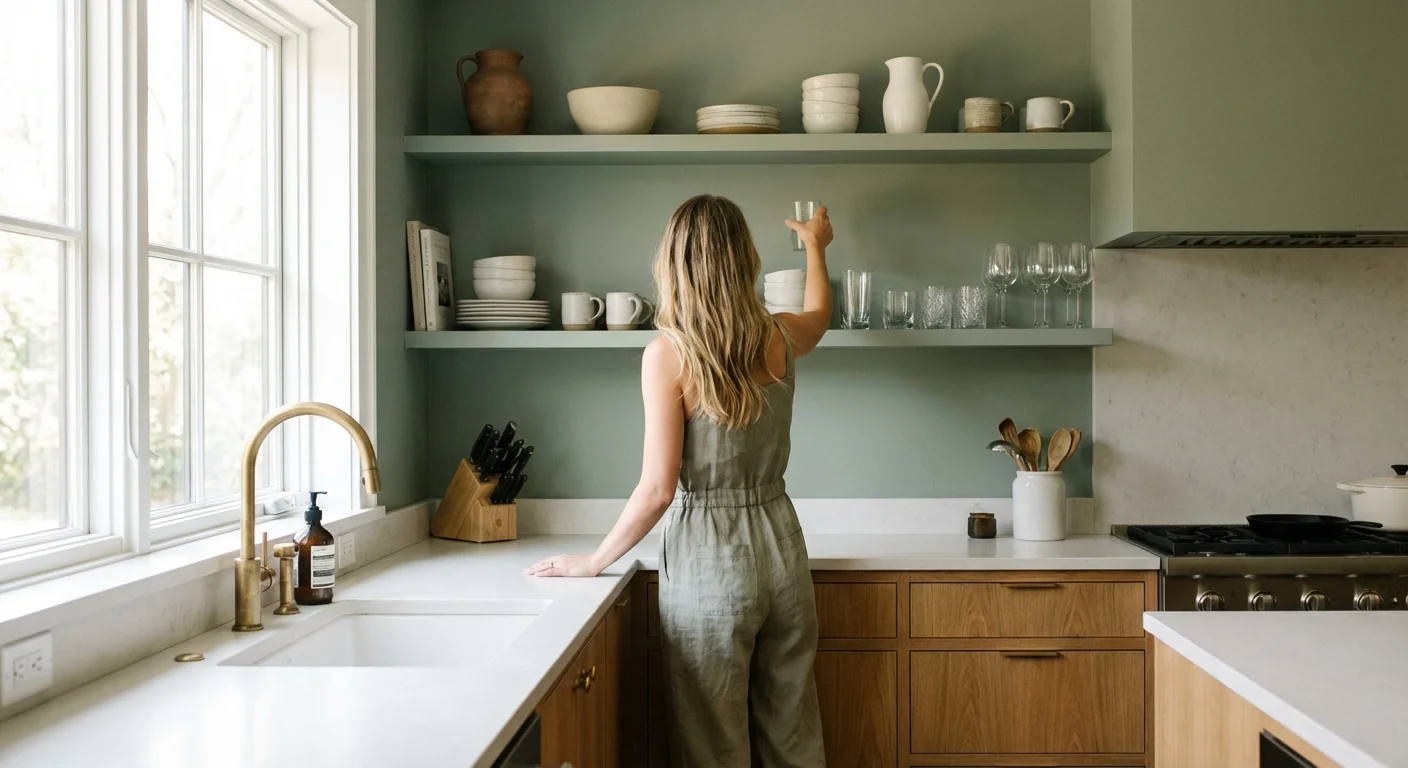 A woman organizing a bright, modern kitchen with sage green cabinets and wooden shelves.