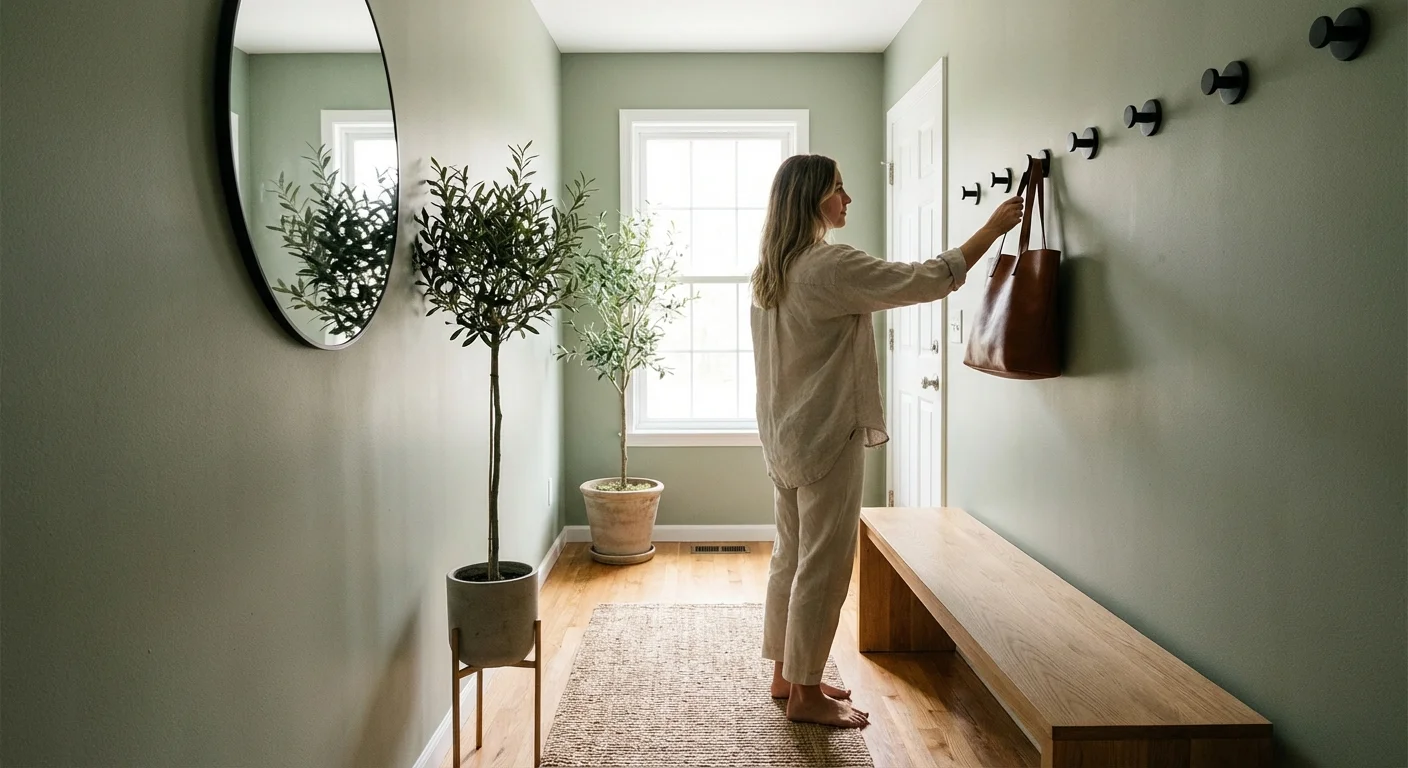A woman organizing a small, bright entryway with oak accents and matte black hooks.