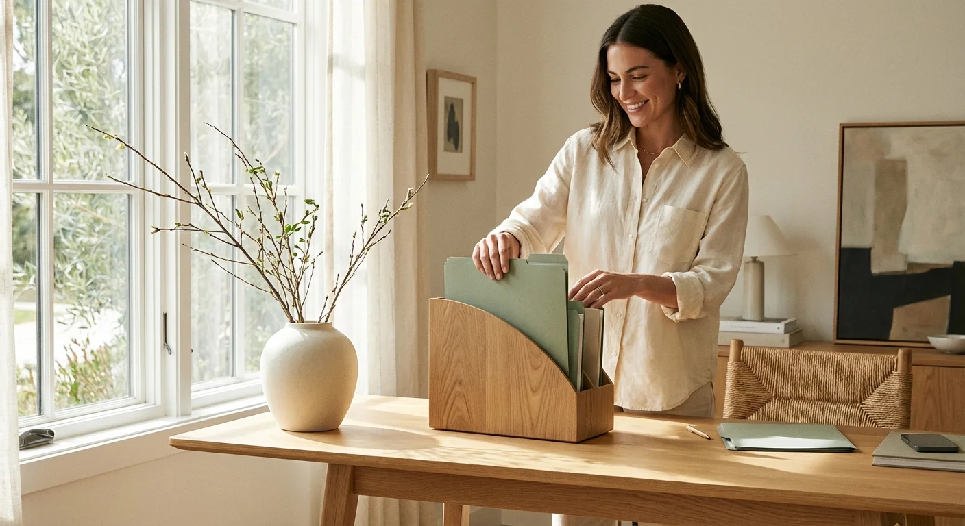 A woman organizing sage green folders in a stylish wooden box in a bright home office.