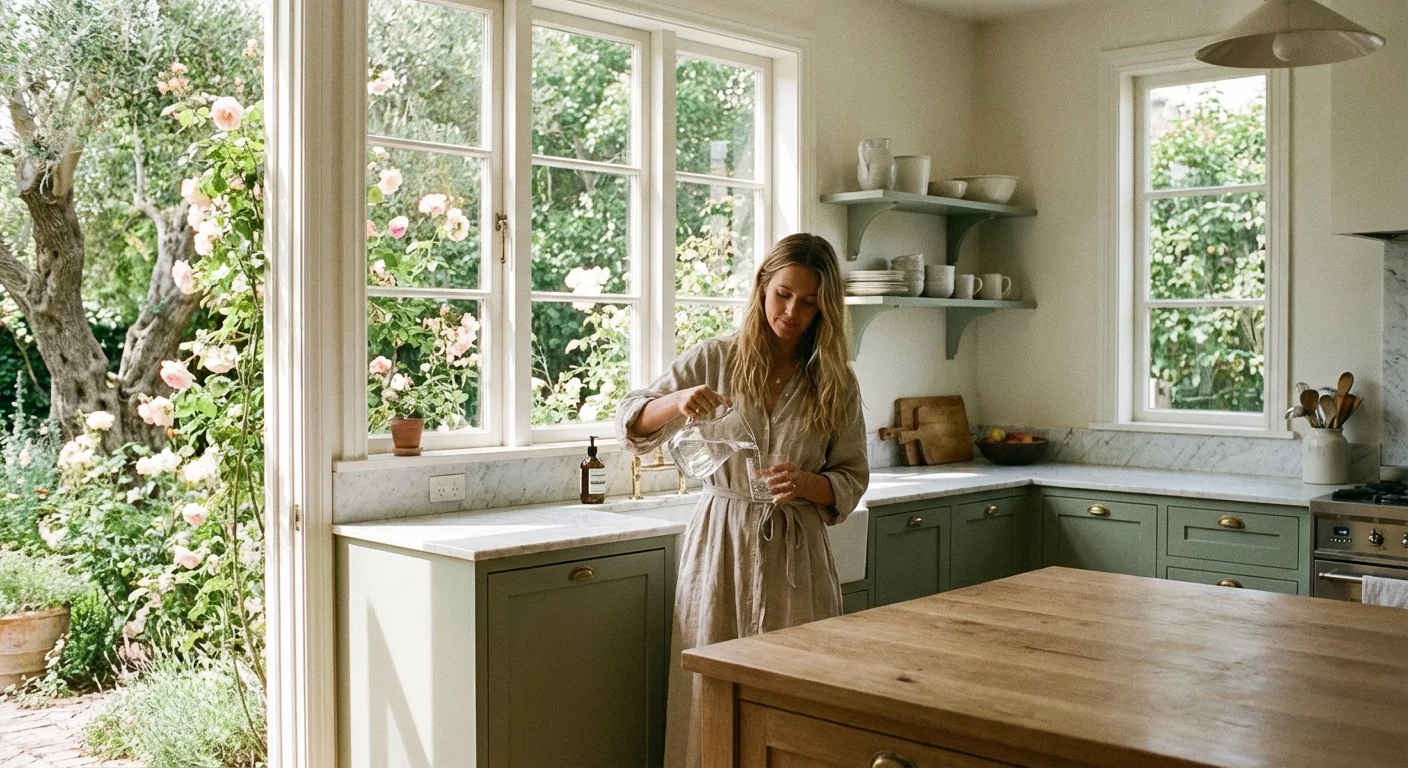 A woman pouring water from a pitcher in a bright, modern kitchen with plants.