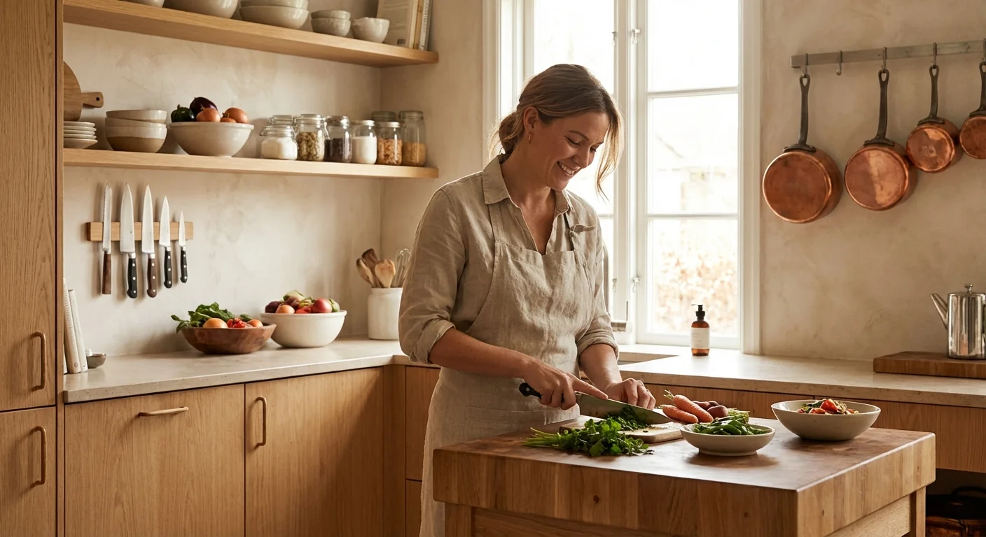 A woman prepares a meal in a bright, organized small kitchen with smart vertical storage solutions.