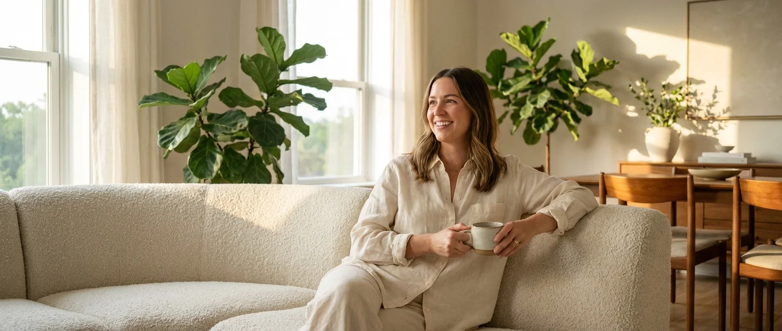 A woman relaxes in a clean, sunlit living room with a cup of coffee, illustrating the peace of a tidy home.