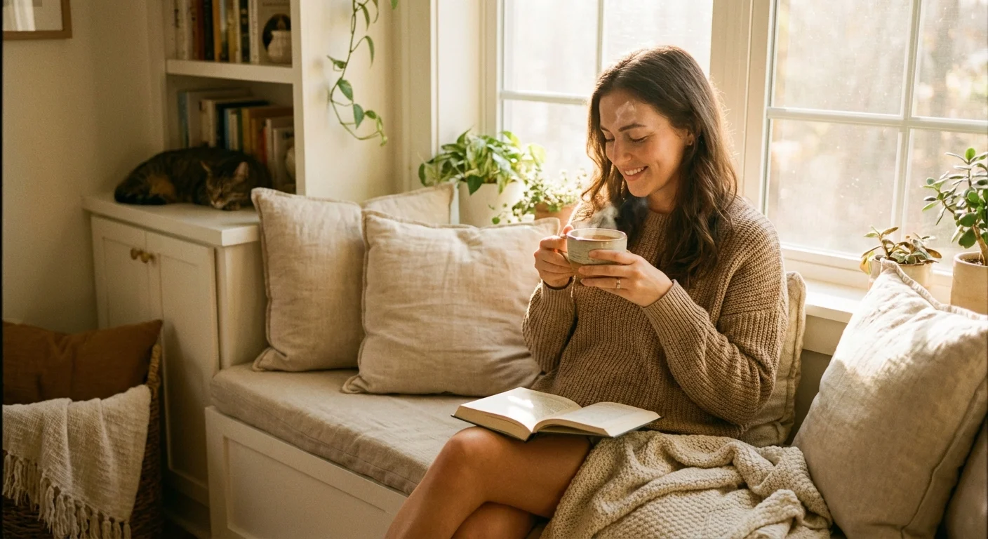 A woman relaxes in a clean, sunlit reading nook with a cup of tea.