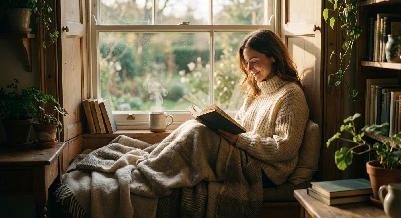 A woman relaxes in a cozy window seat with a book and coffee, surrounded by soft blankets in warm light.