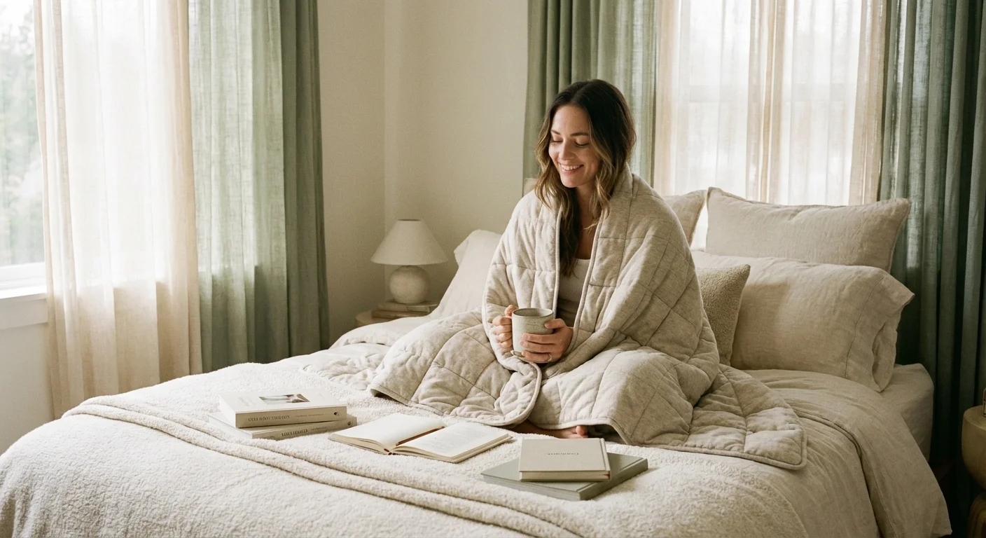 A woman relaxes on a bed wrapped in a cozy weighted blanket with soft morning light.