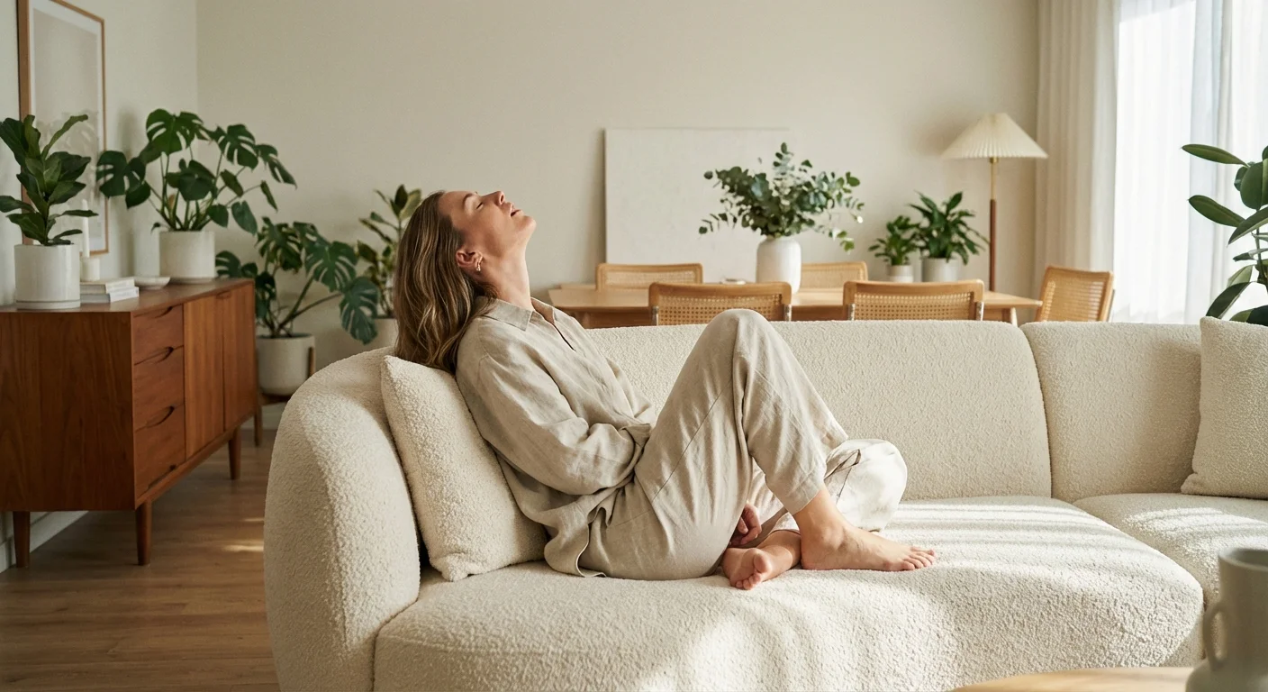 A woman relaxing in a clean, sunlit living room with minimalist decor and plants.
