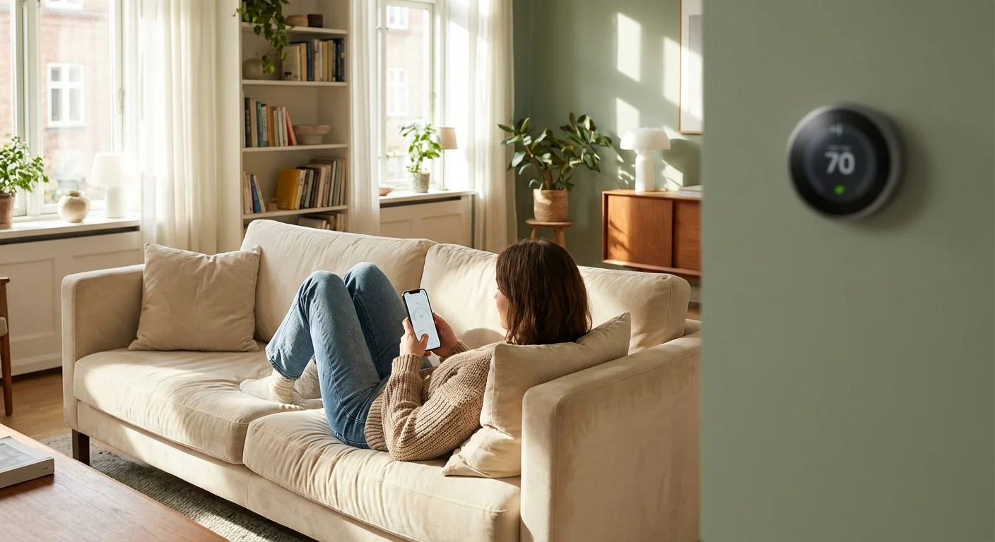 A woman relaxing in a sunlit, cozy living room using a smartphone to manage her smart home energy settings.