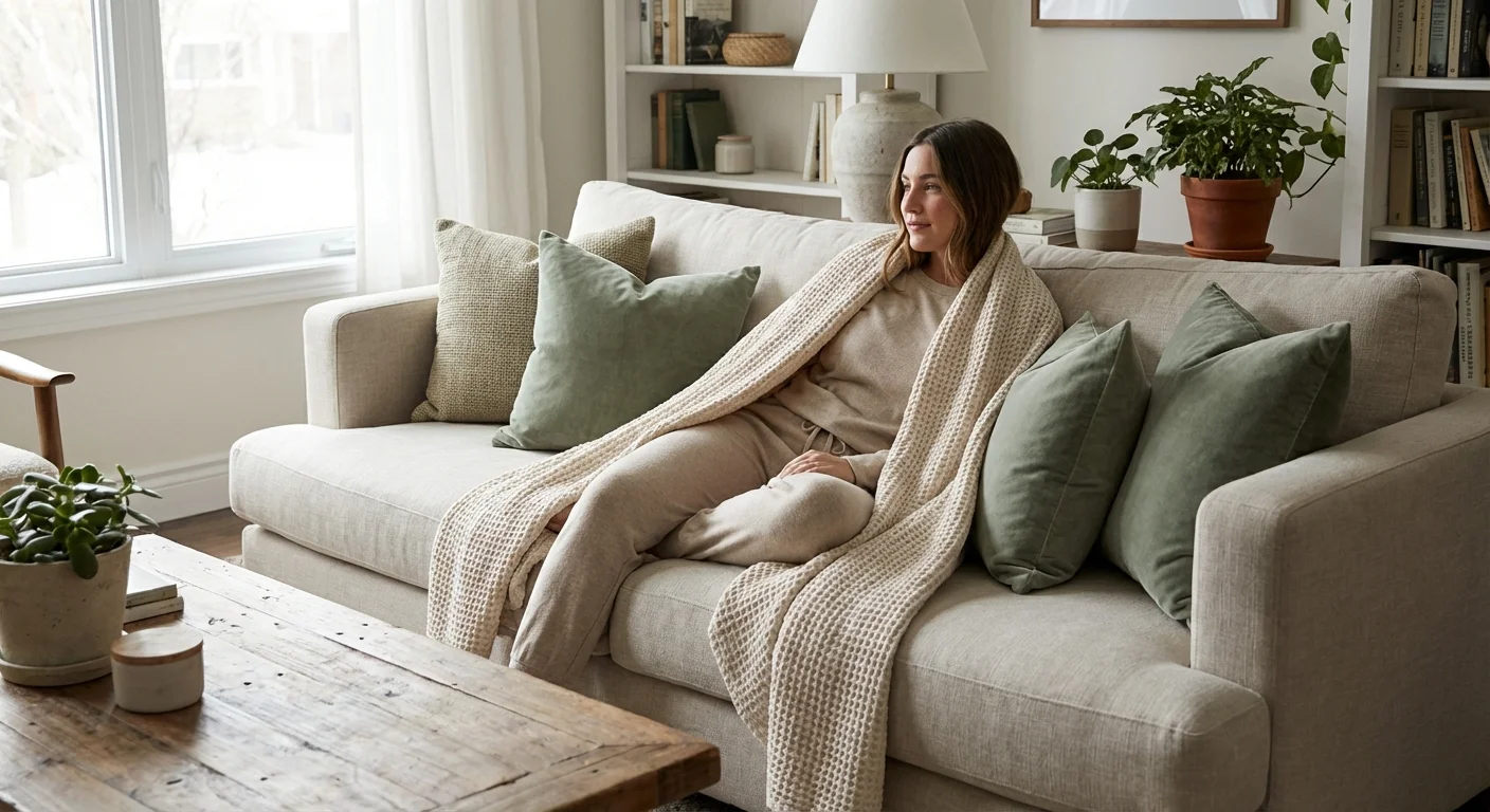 A woman relaxing on a sofa with a cream throw blanket and sage green pillows in a sunlit living room.