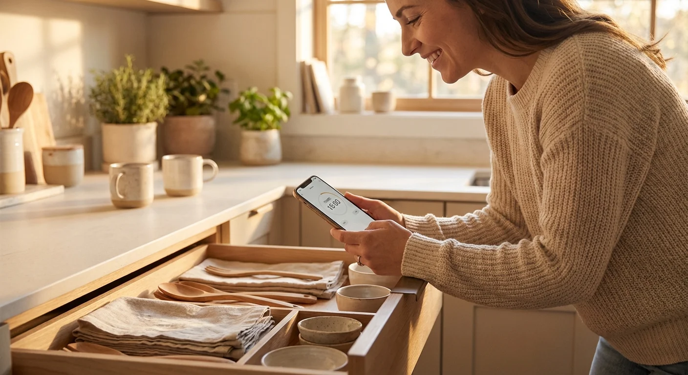 A woman sets a 15-minute timer on her phone in a bright, cozy kitchen next to an organized drawer.