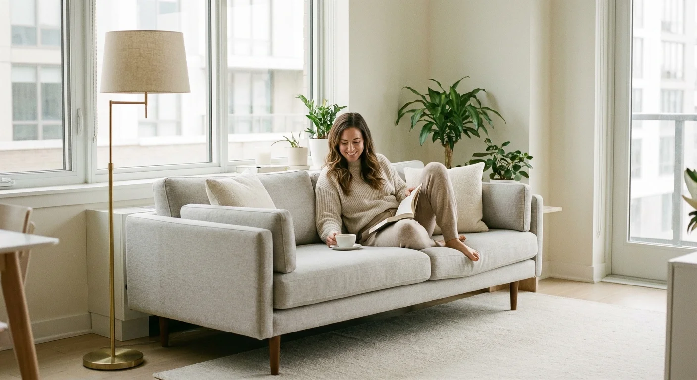 A woman sitting on a streamlined, narrow-arm sofa that fits perfectly in a small living room.