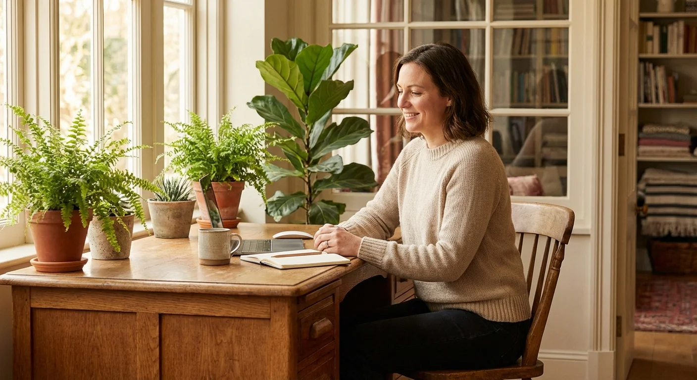 A woman sitting with great posture at a bright, plant-filled home office desk.