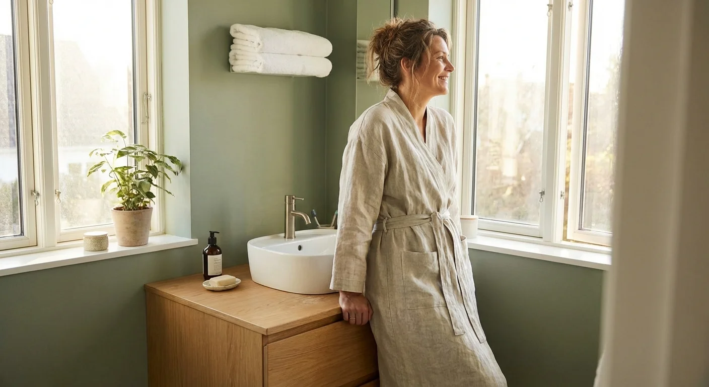 A woman smiling in a brightly lit, modern bathroom with sage green walls and wooden accents.