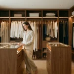 A woman standing in a spacious, organized walk-in closet with warm wood shelves and soft natural lighting.