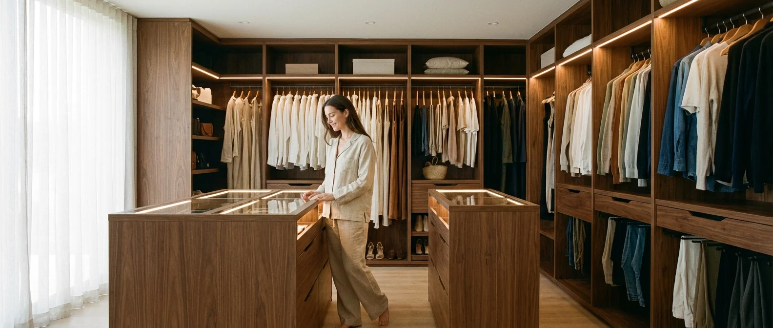 A woman standing in a spacious, organized walk-in closet with warm wood shelves and soft natural lighting.
