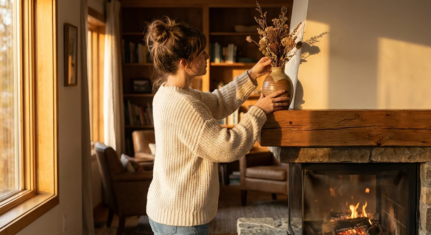 A woman styling a cozy fireplace mantel in a sunlit living room with a warm fire glowing.