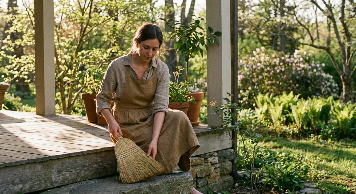 A woman tidying a sunlit home porch surrounded by lush spring greenery.