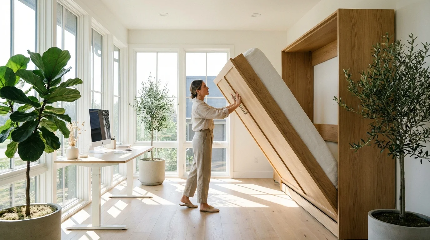 A woman unfolding a modern wood Murphy bed in a bright, organized home office with a minimalist desk.