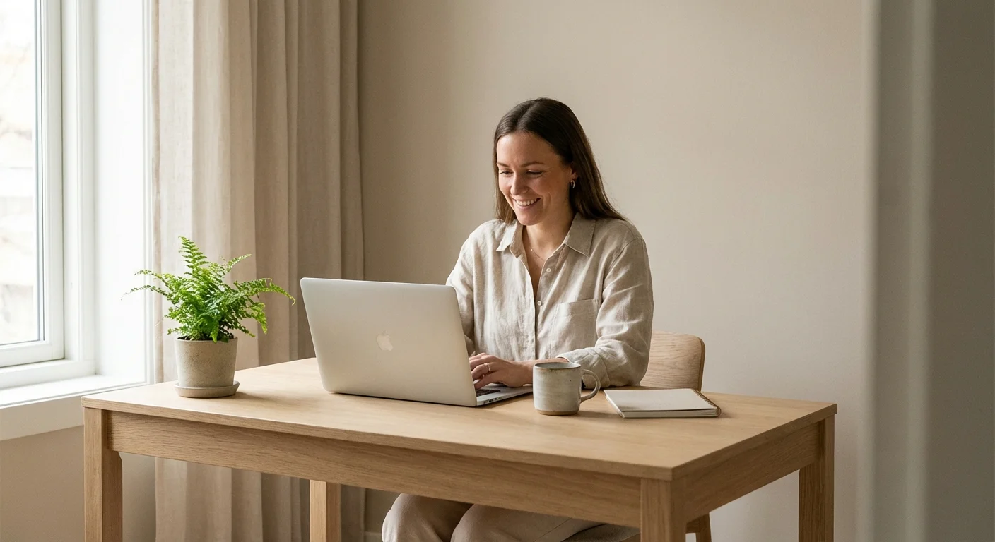 A woman working peacefully at a clean, organized wooden desk in a bright, sunlit home office.