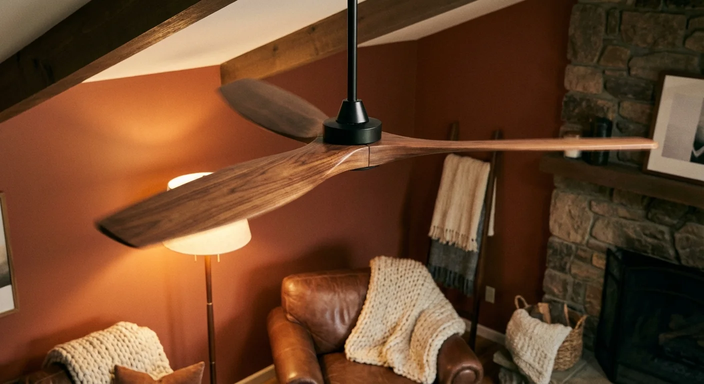 A wooden ceiling fan in a warm room, illustrating the trick of reversing airflow to push heat down.