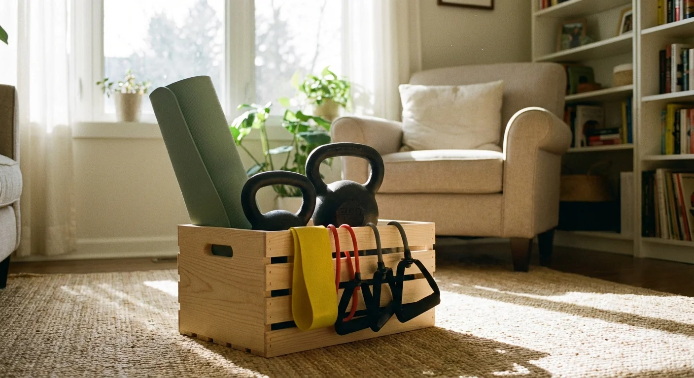 A wooden crate containing a yoga mat, kettlebells, and resistance bands.