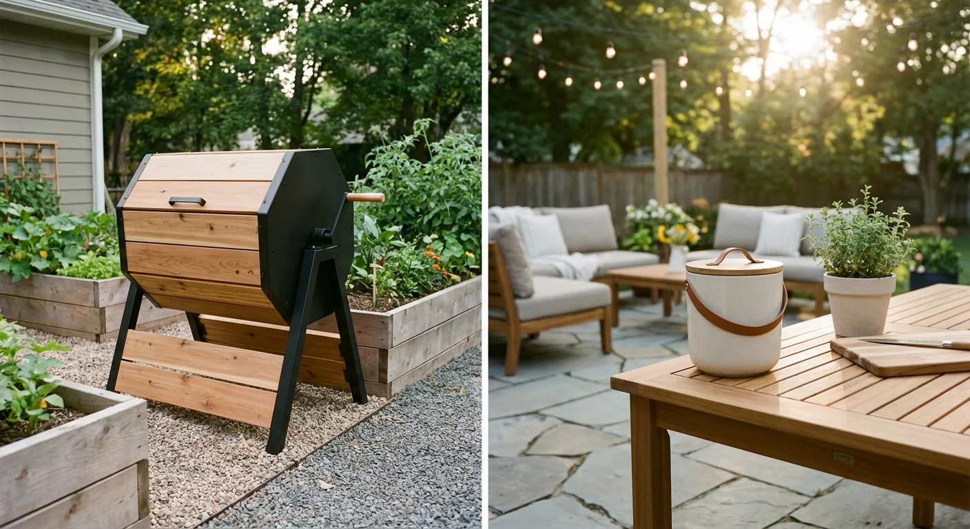 A wooden garden compost tumbler and a small indoor compost bin.