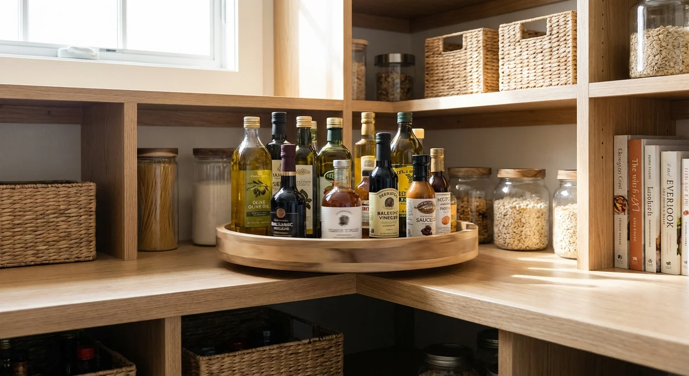 A wooden lazy Susan organizer maximizing corner space in a kitchen pantry.