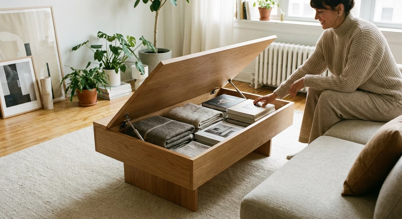 A wooden lift-top coffee table revealing hidden storage space inside.