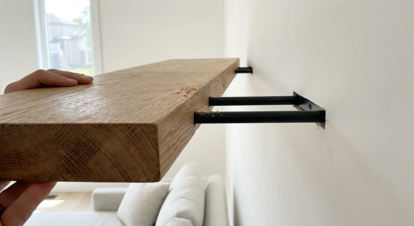 A wooden shelf being mounted onto hidden metal prongs on a wall.