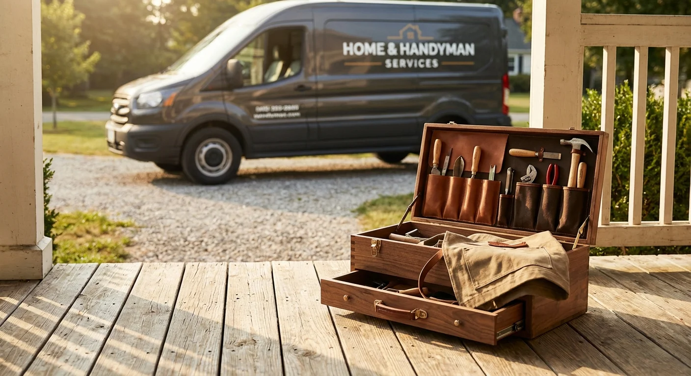 A wooden toolbox on a porch with a service van in the background.