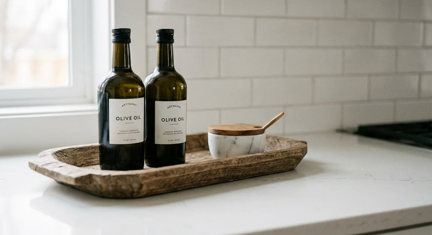 A wooden tray on a kitchen counter holding oil bottles and salt cellars to reduce clutter.