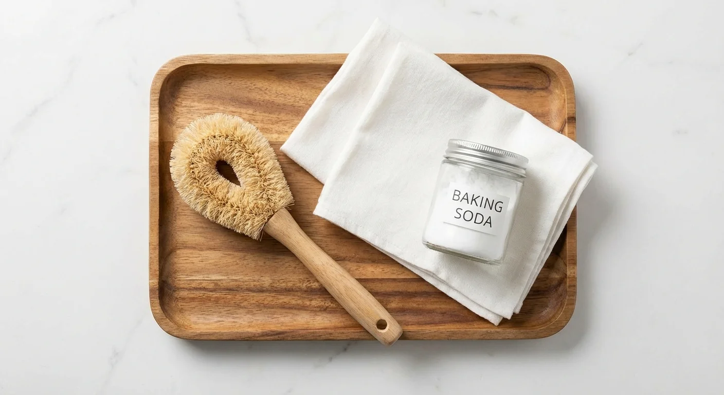 A wooden tray with natural cleaning tools and a jar of baking soda.