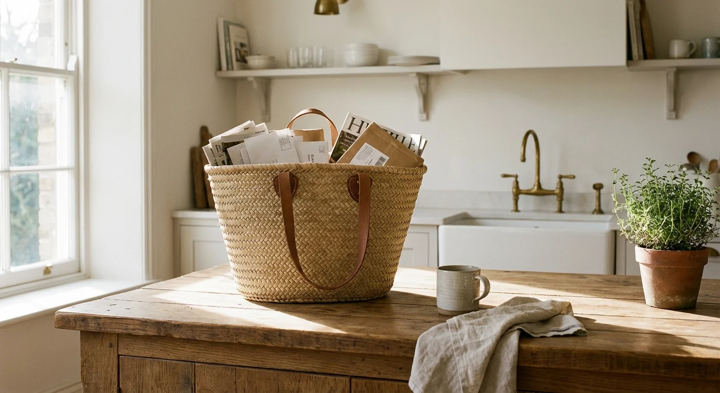 A woven basket filled with various papers and envelopes sitting on a clean white kitchen counter.