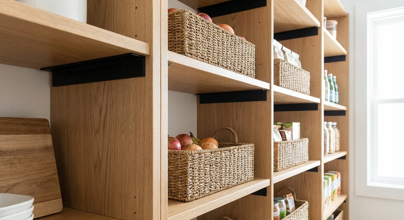 Adjustable wooden pantry shelves with woven storage baskets.
