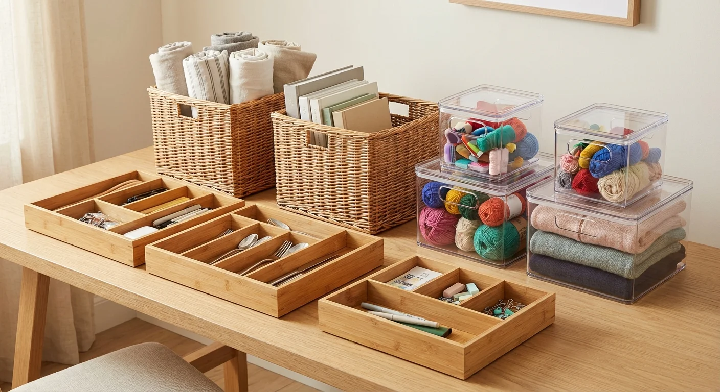 Aesthetic storage containers like wicker baskets and bamboo dividers.