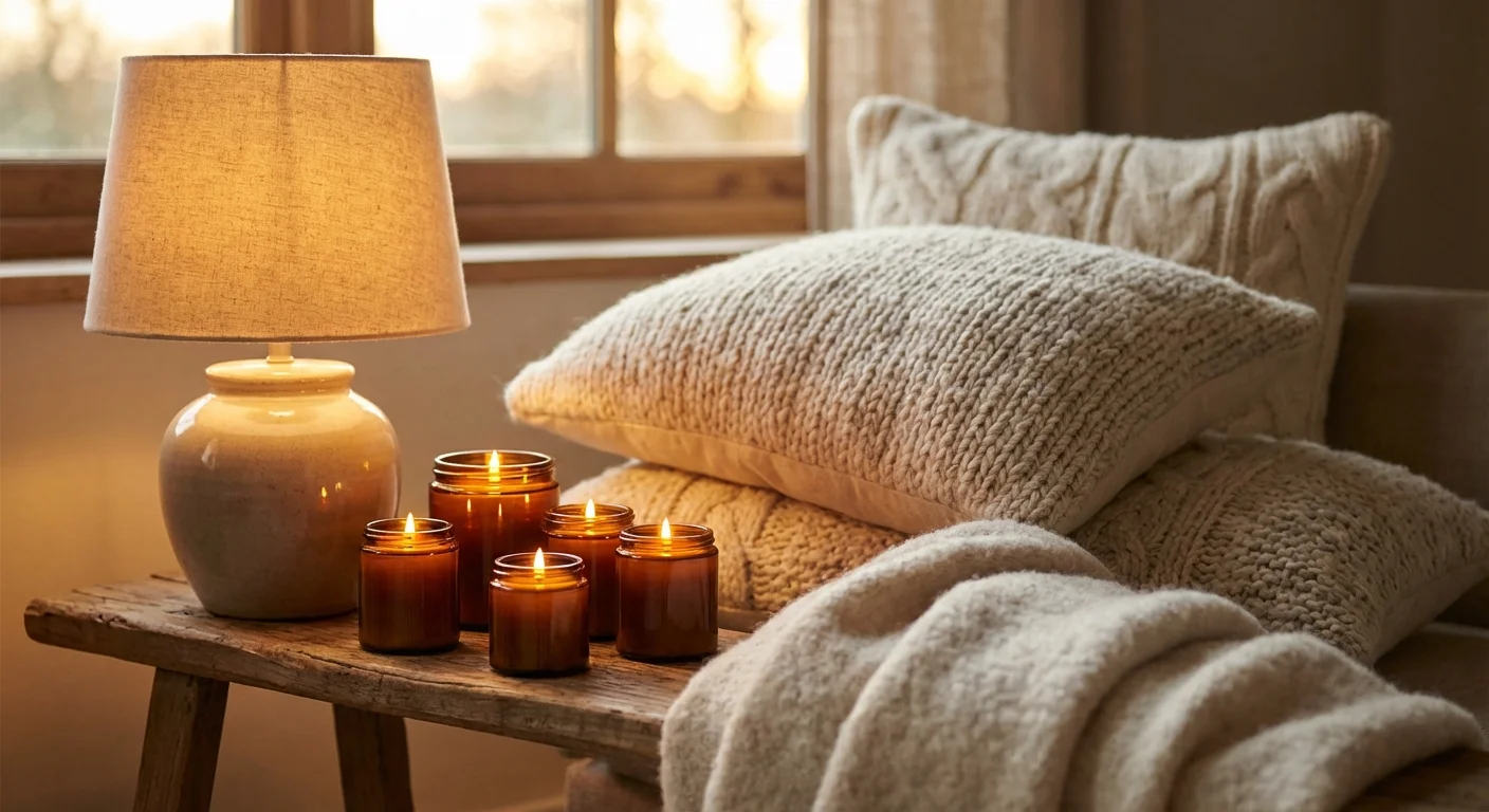 Amber candles and warm-toned lighting on a bench with knit pillows for psychological warmth.