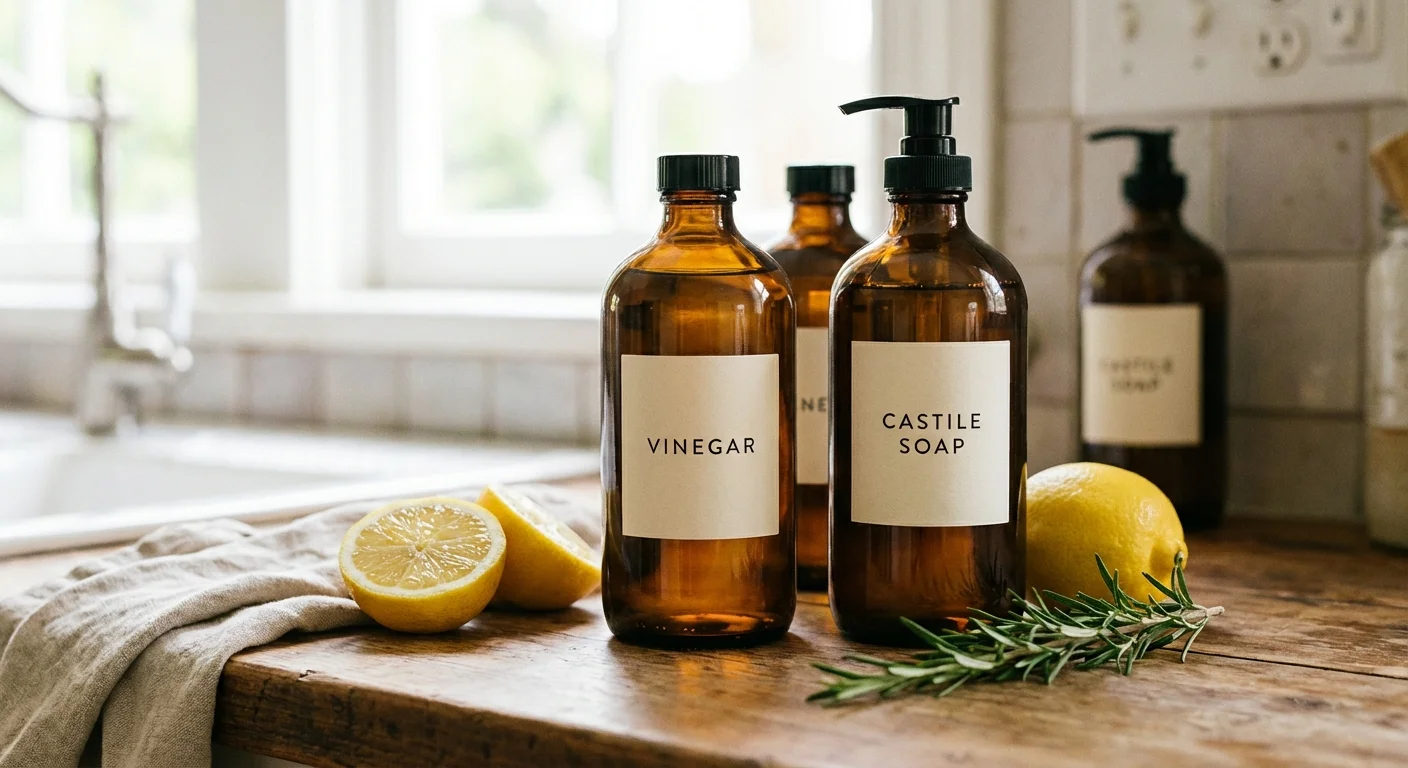 Amber glass bottles and fresh lemons on a clean countertop.